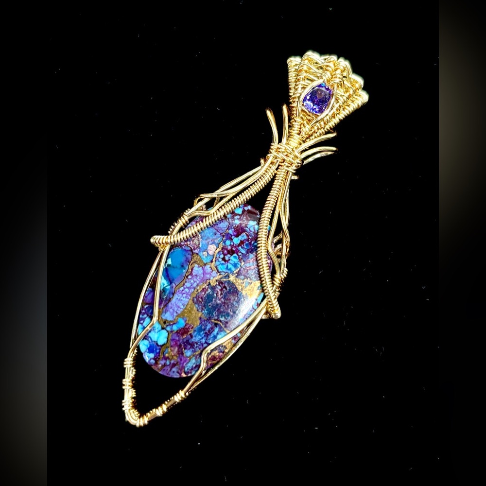 HANDMADE Mohave Composite & CZ Hand Wrapped Gold Plated Copper Statement Pendant
